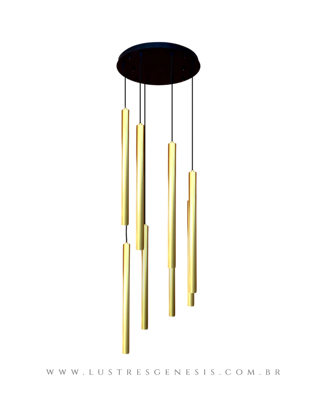 Iluminação pendente da linha Ming na cor dourada, com design moderno e elegante.
