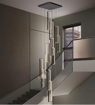 Iluminação pendente da Linha Mirror de LED Preto, com design moderno e elegante, ideal para escadas.