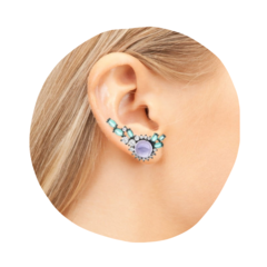 Brinco Ear Cuff Com Pedra Cabochão Ametista Banho Ródio Negro Zircônia Cristal e Esmeralda na internet