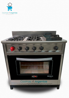 Cocina 90cm acero 4 hornallas y plancha puerta de vidrio - tienda online