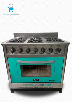 Cocina 90cm acero 6 Hornallas puerta de vidrio