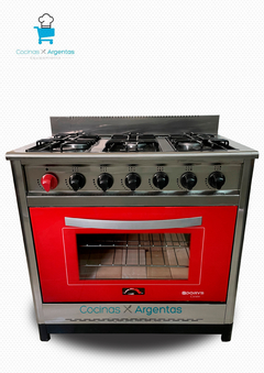 Cocina 90cm acero 6 Hornallas puerta de vidrio