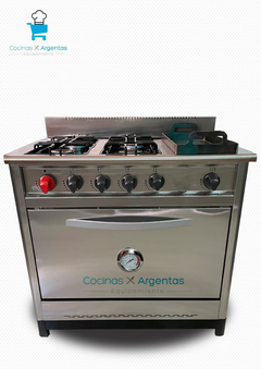 Cocina 90cm acero 4 hornallas y plancha puerta ciega