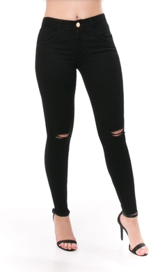 Calça jeans feminina joelho rasgado skinny  preta com lycra - comprar online