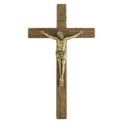 Crucifixo em Metal com Acabamento Amadeirado Cristo Ouro Velho 34cm - ETK