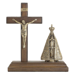 ADORNO BASE CRUCIFIXO MADEIRA E NS APARECIDA OURO VELHO 15CM ETK