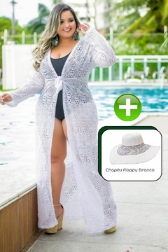 Saída de Praia Plus Size Branca + Chapéu Floppy Branco - Kit 2 peças