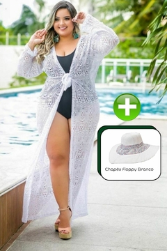 Saída de Praia Plus Size Branca + Chapéu Floppy Branco - Kit 2 peças - Vitrine 40 Graus - Loja Virtual de Moda Praia, Saída de Praia e Acessórios