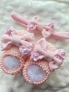 Kit Sapatinho Tricot e Faixinha Luxo Linho - Saída de maternidade Sofia Valentina Baby