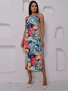 Vestido Canelado Feminino Midi Estampado Carol