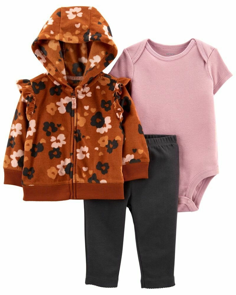 Conjunto 3 peças Carters com casaco marrom floral - bebê menina