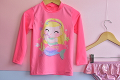 Conjunto blusa e tanga holográfica sereia proteção UV 50+ rosa neon na internet