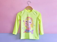 Conjunto blusa e tanga holográfica sereia proteção UV 50+ amarelo neon - Amore mio store baby e kids