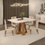 CONJUNTO MESA CELESTE TAMPO CHANFRADO CURVO COM VIDRO 1200X900X30 FREIJO OFF WHITE COM 4 CADEIRAS LIA DJ FREIJO TECIDO VELUDO KRAFT