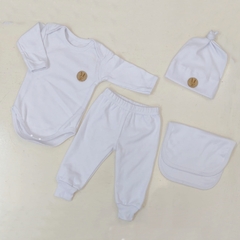Ajuar 4 piezas BLANCO algodón : Body + Pantalón + Gorro + Babita