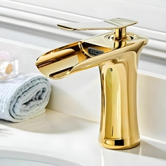 Torneira Banheiro Lavabo Monocomando Cascata Dourado Brilho - comprar online