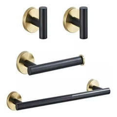 Kit Acessórios Banheiro Aço Inox 4 Peças Preto C/ Dourado