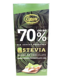 Tableta de chocolate 70% cacao sin azúcar (con stevia) Copani x 63 gr