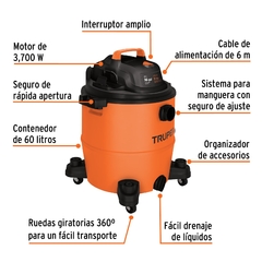 Aspiradora de sólidos y líquidos de 16 gal, plástica, Truper. CÓDIGO: 101520 CLAVE: ASP-16 - comprar en línea