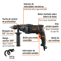 Taladro 1/2", 800W dos velocidades, TRUPER INDUSTRIAL. CÓDIGO: 103068 CLAVE: TAL-1/2N2 - comprar en línea