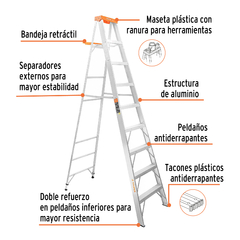 ESCALERA DE TIJERA, TIPO LL, 8 ESCALONES Y BANDEJA CÓDIGO: 10338 CLAVE: EST-28 - comprar en línea