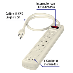 Multicontacto 14 AWG 6 entradas supresor de picos 270 joules. Código 47183 Clave MUL-627 - comprar en línea