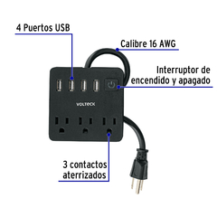 Multicontacto 16 AWG doméstico, 3 entradas 4 ptos USB, negro. CÓDIGO: 49321 CLAVE: MUL-3UN - comprar en línea