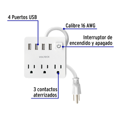 Multicontacto 16 AWG doméstico 3 entradas 4 ptos USB, blanco. CÓDIGO: 49322 CLAVE: MUL-3U - comprar en línea