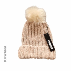 Gorro Lana Crudo Pompom blanco