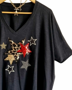 Remerón V Manga 3/4 OVERSIZE (XXL) STARS PRINT BLACK - Kuwana Mayorista