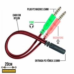 Cabo Adaptador de Áudio Auxiliar Cabo em Nylon para Fone e Microfone 2 P2 Macho x 1 P3 Fêmea