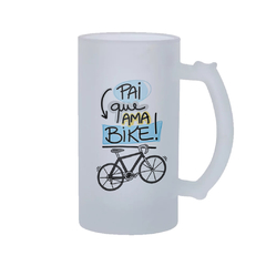 Caneco de Chopp Pai que Ama Bike com Nome - Vidro Comum ou Jateado - Mai Personalizados