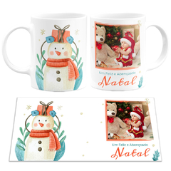 Caneca Natal Boneco de Neve Watercolor Personalizada com Foto