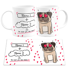 Caneca Branca Namorados Pug Love Personalizada com Nomes