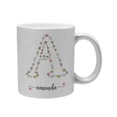 Caneca Inicial com Nome - Glitter Prata