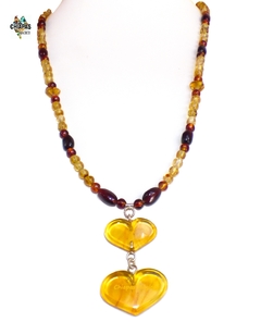 Collar Con Dos Corazones De Ámbar, Ámbar Rojo Y Amarillo & Plata Ley