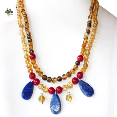 Collar Doble con Esferas de Ámbar Auténtico & Gotas de Lapislázuli - comprar en línea