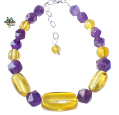Pulsera con Ámbar Auténtico, Amatistas Faceteadas & Plata Ley