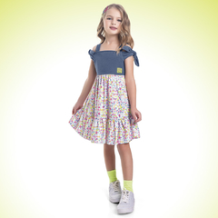 VESTIDO EM STRETCH DENIM E MEIA MALHA FEMININO - GRADE 04-06-08-10 - AZUL - /lojaclubekids