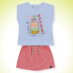 CONJUNTO BLUSA EM MEIA MALHA E SHORT-SAIA EM MOLETINHO FEMININO - GRADE 04-06-08-10 - AZUL