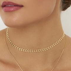 Colar Choker Liso Folhas de Louro no Banho Ouro - Donna Stan