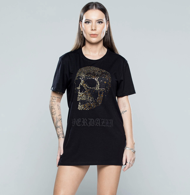 Camiseta Longline Preta Caveira Granulada Dourada - John Verdazzi