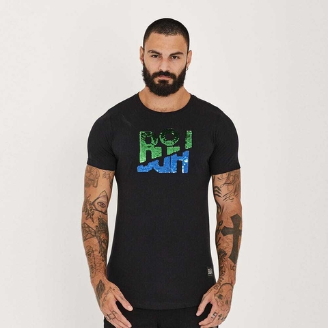 Camiseta Longline Preta Caveira Granulada Dourada - John Verdazzi