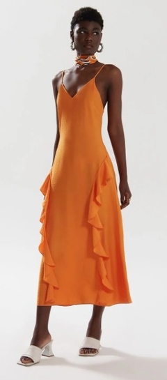 VESTIDO IÓDICE MIDI DECOTE V COM BABADO LARANJA