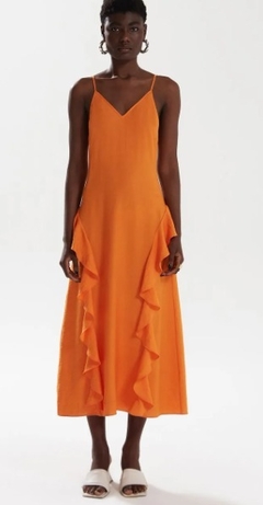 VESTIDO IÓDICE MIDI DECOTE V COM BABADO LARANJA - comprar online