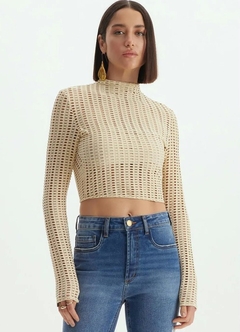 BLUSA CROPPED EM TELA GOLA ALTA BEGE LANÇA PERFUME