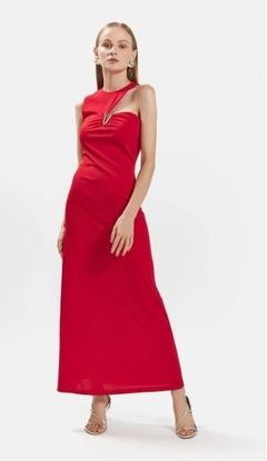 VESTIDO IÓDICE LONGO DECOTE ASSIMÉTRICO COM METAL VERMELHO