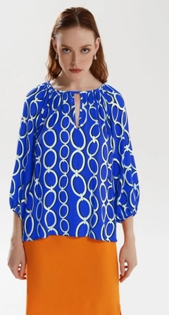 BLUSA IÓDICE DECOTE CANOA MANGA 3/4 COM CORDÃO AZUL - comprar online