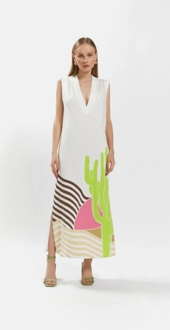 VESTIDO IÓDICE MIDI DECOTE V ABERTURA LATERAL OFF WHITE - comprar online