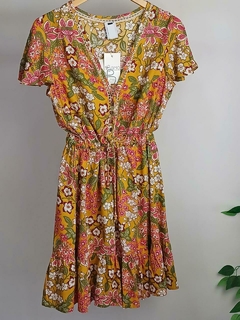 VESTIDO INDIANO - MANGA CURTA - CURTO - AMARELO COM FLORES U - BEM ME QUERO